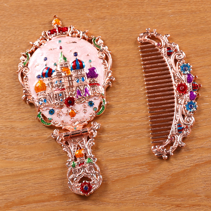Russian handle mirror Vintage European folding desktop cute Princess Mirror Handheld beauty makeup mirror with comb