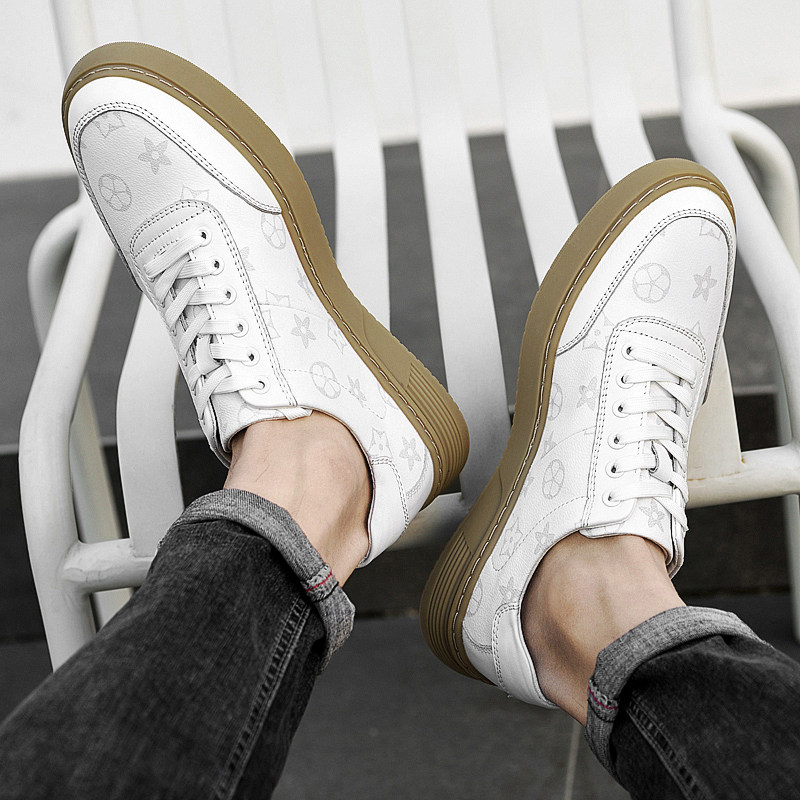 Genuine Leather Printed Board Shoes Men Low Help 2022 Spring Head Layer Bull Leather Small White Shoes 100 Hitch Soft Base Big Size Casual Shoes