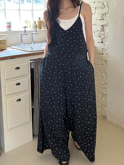 SYLP穗伊 凉快舒适 小花朵休闲系带连身裤v领长款阔腿裙裤连体裤