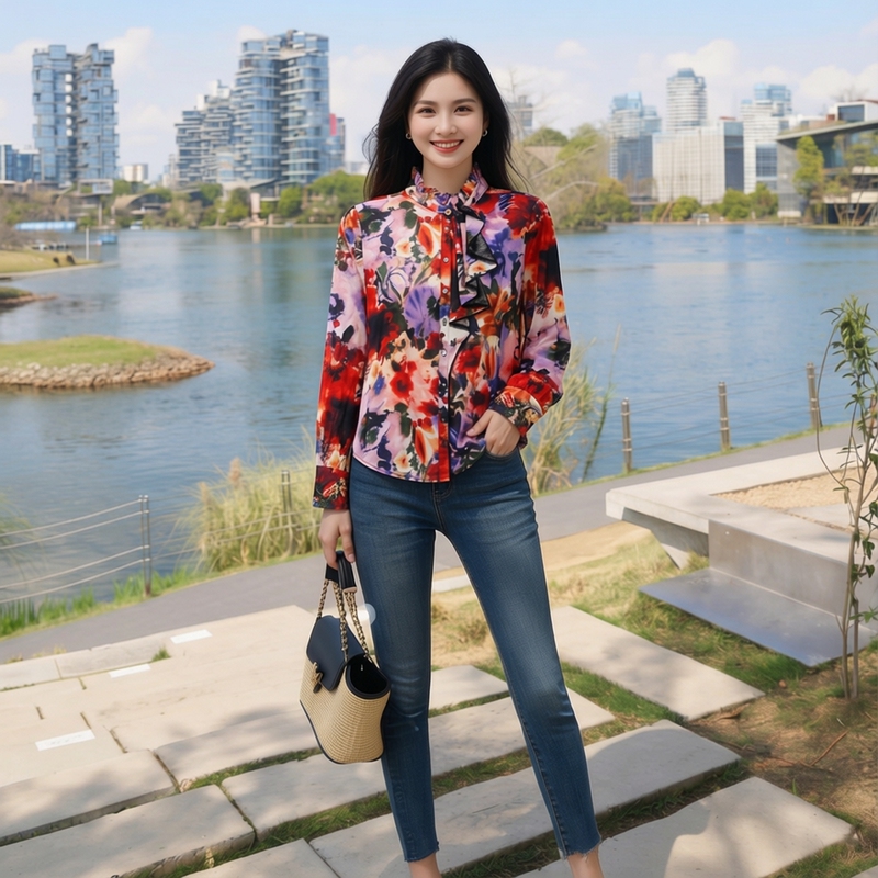 Daiyiyan Hong Kong Style Retro Printed Stand-Up Collar Long-Sleeved Shirt for Women, Autumn Design Niche Top Data030649 Daiyiyan Hong Kong Style Retro Printed Stand-Up Collar Long-Sleeved Shirt for Women, Autumn Design Niche Top Data030649