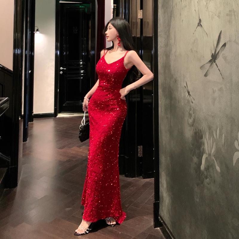 2025 New Year Red Sequin Spaghetti Strap Dress Women's Spring High-End Slim Fit Bodycon Fishtail Evening Gown Long Dress