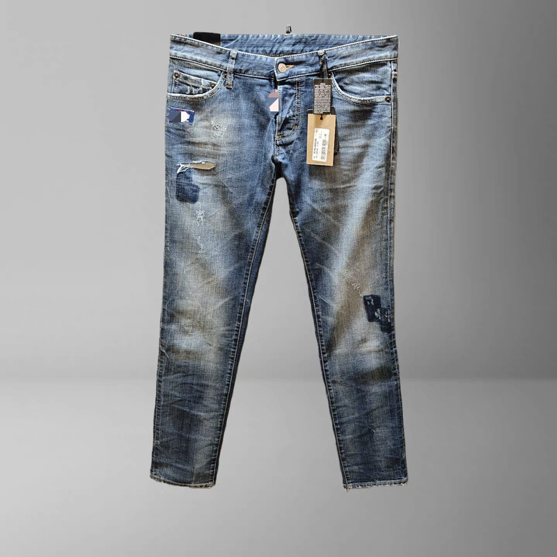 Italian-Made Trendy Luxury D2 Men's Washed Distressed Ripped Patch Logo Patchwork Low-Rise Slim Straight-Leg Jeans