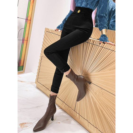 One-button black leggings for women, high-waist pencil pants for outer wear, 2024 early spring plus velvet slimming tight black pants