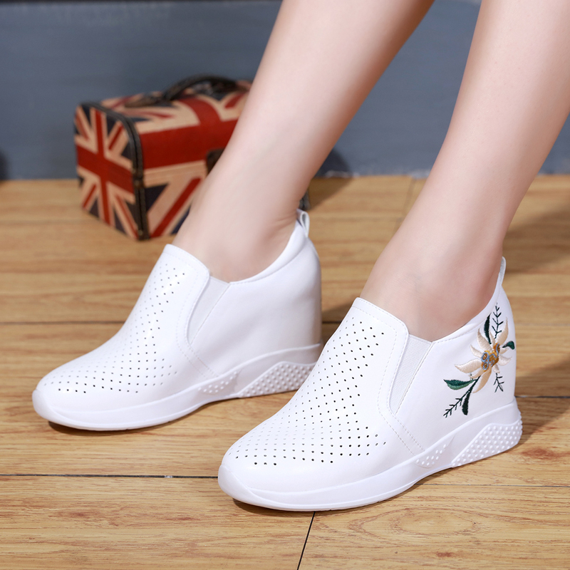 Women's Height-Increasing Breathable Wedge Shoes, Casual Shoes with Soft Soles, 2026 Spring New Genuine Leather White Shoes That Make You Look Slimmer