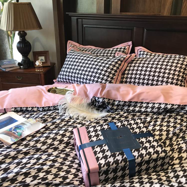 Cao cấp 60 chà bông bốn mảnh bông gòn bông chăn Mỹ đơn giản houndstooth 1,8m giường - Bộ đồ giường bốn mảnh chăn ga gối đệm màu hồng
