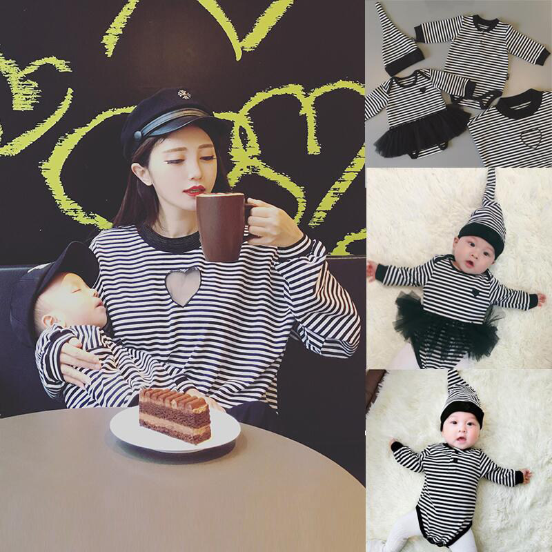 Net red parent-child clothes spring clothes 2021 new trendy family of three mother and son clothes striped long-sleeved thick cotton T baby romper