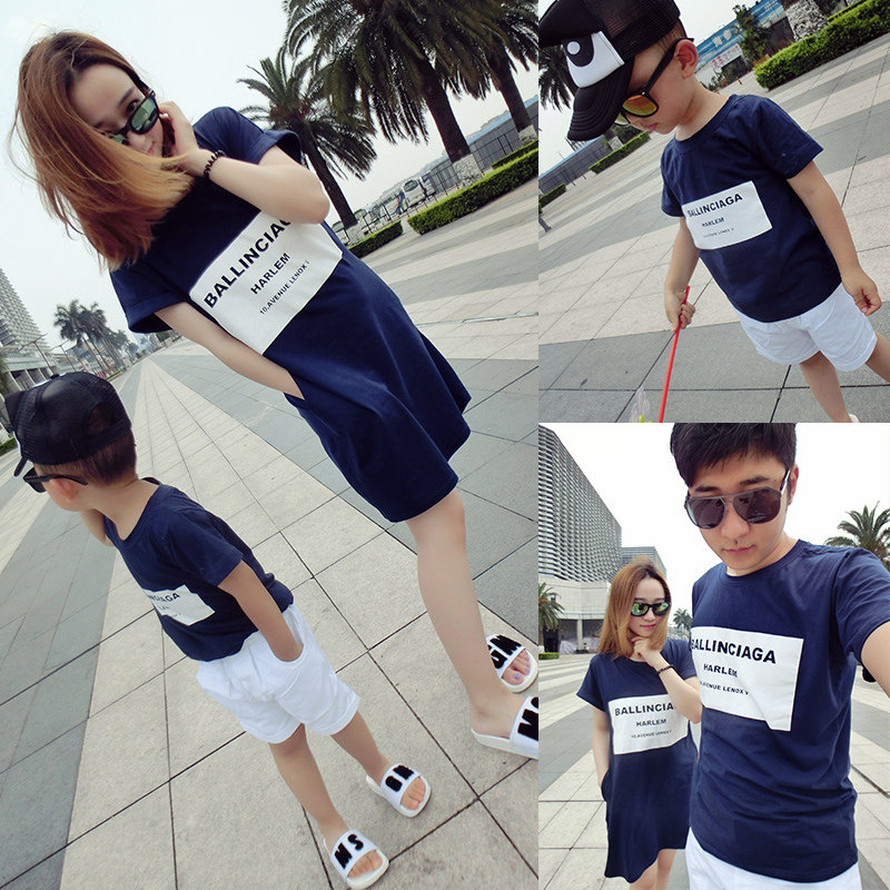 2019 South Korean parents and children dress a three - sized boy and girl short sleeve T - shirt dress