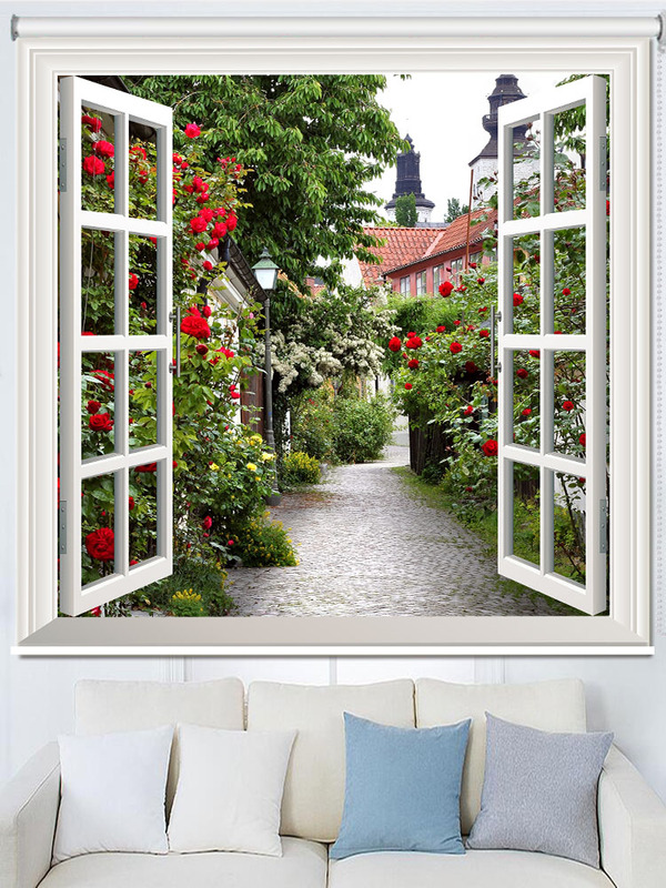 Modern Minimalist Simulated Window 3D Stereoscopic Blackout Heat-Insulating Waterproof Curtains Living Room Decorative Hanging Paintings Adjustable Roller Blinds