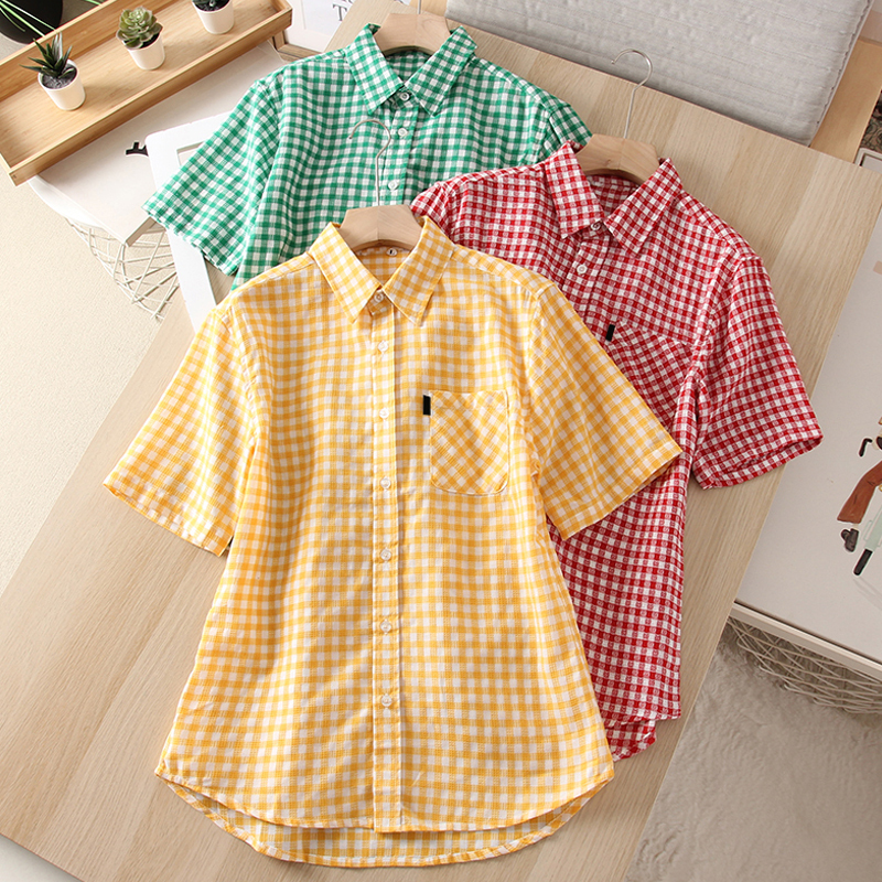 Japanese Style Plus Size Women's Clothing, Color-Blocked Plaid Loose Fit Slimming Casual Turn-Down Collar Short-Sleeve Shirt Blouse Bubble Cotton Top