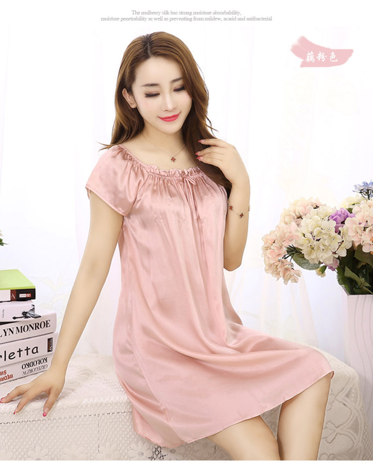 Hàng châu lụa mùa hè lụa đồ ngủ nữ 100% lụa nightdress màu rắn ngắn tay lỏng kích thước lớn dịch vụ nhà