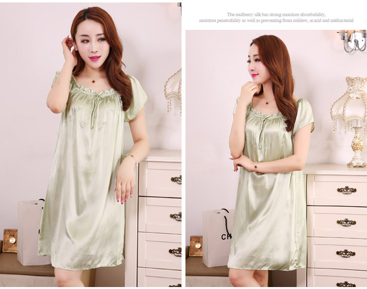 Hàng châu lụa mùa hè lụa đồ ngủ nữ 100% lụa nightdress màu rắn ngắn tay lỏng kích thước lớn dịch vụ nhà