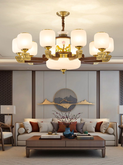 New Chinese-Style All-Copper Living Room Chandelier, Villa Main Light, Staircase Spiral Glass Shade, Wooden Branch-Shaped Multi-Head Vintage Lighting Fixture