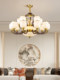 New Chinese-Style Solid Wood Chandelier, Living Room Lamp with Branch-Shaped Glass Lampshade, Copper-Colored Solid Wood, Elegant Chinese-Style High-End Lighting
