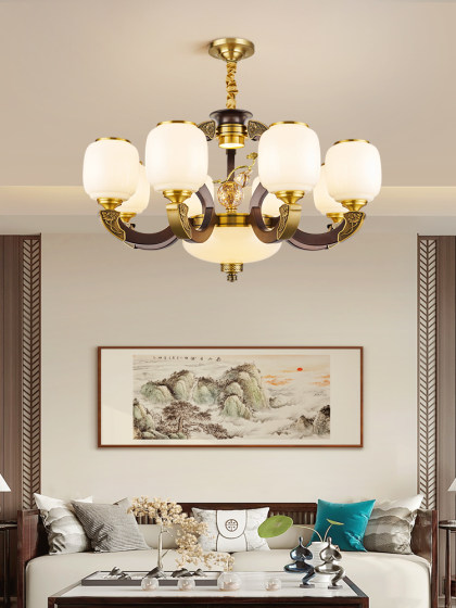 New Chinese-Style Solid Wood Chandelier, Living Room Lamp with Branch-Shaped Glass Lampshade, Copper-Colored Solid Wood, Elegant Chinese-Style High-End Lighting