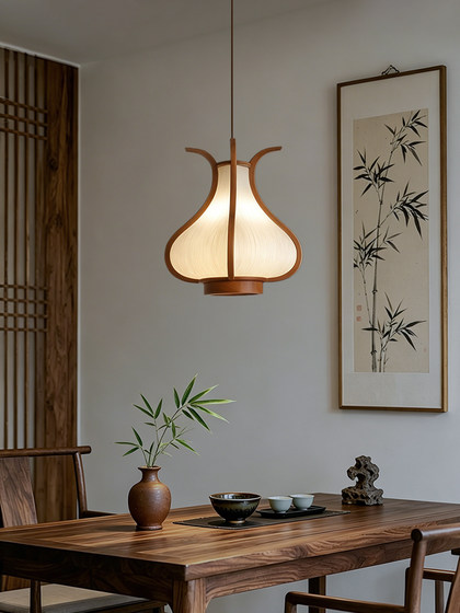 Song Dynasty Aesthetic Wooden Pendant Light, Vintage Artistic Fabric Lampshade, Fish Line-Shaped Pendant Light, Versatile Single-Head Small Pendant Light