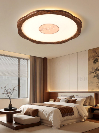 Song-Style Aesthetic Ceiling Light for Bedroom and Study, Round New Chinese-Style Retro North American Black Walnut Eye-Protection Led Ceiling Light