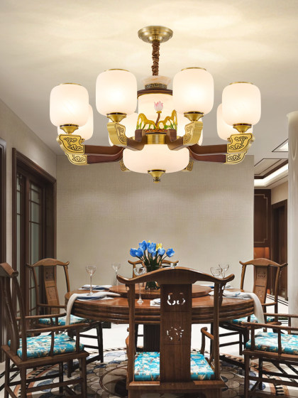 New Chinese-Style All-Copper Living Room Chandelier, Villa Main Light, Staircase Spiral Glass Shade, Wooden Branch-Shaped Multi-Head Vintage Lighting Fixture
