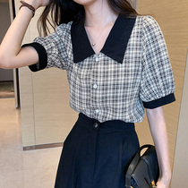 Short Sleeve Plaid Shirt Woman Summer Design Sensation Bubble Cuff Style Blouse 2022 New Vintage Doll Collar Lining