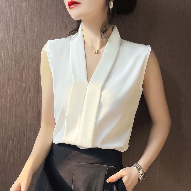 Sleeveless Chiffon Shirt White Blouse for Women 2025 Summer New Korean Style Tank Top Professional Ol Elegant V-Neck Blouse