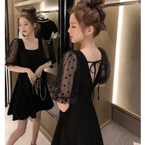 Square Collar Dew Back Dress Woman Summer New Collection Waist Display Slim Short Sleeves Wave Point A Word Skirt Heben Wind Little Black Dress