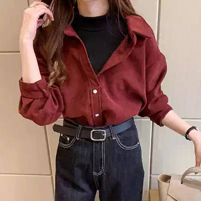 Corduroy shirt female retro port flavor long sleeve fake two-piece top design sense niche versatile base shirt spring and autumn