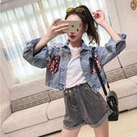 Mùa thu 2018 mới công nghiệp nặng túi sequin lỗ áo sơ mi retro mặc hoang dã denim bị hỏng áo ngắn nữ ao khoac nu