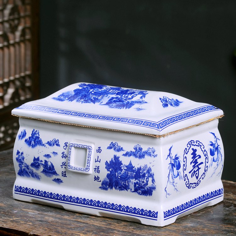 Square Urn, Jingdezhen Ceramic Coffin, Large Size, Moisture-Proof and Anti-Corrosion, Funeral Urn with Dragon and Phoenix Design for Men and Women