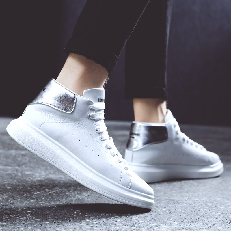 New white high cylinder shoes Men's Korean version Trend 100 hitch a little white boots genuine leather high bonboard shoes thick bottom heightening small white shoes