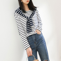 Navy striped t-shirt womens 2019 autumn and winter new long-sleeved loose Korean version wild cotton base shirt thin top