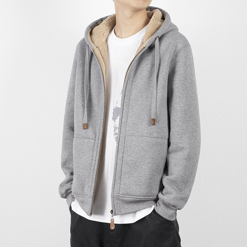 Dressing male thickened with velvety lamb wool warm 2021 Winter new loose casual sports cardiovert hoodie