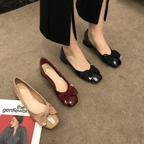 ITSK single shoe female French style square head coarse heel butterfly knot shallow mouth soft bottom with red lacquered leather woman shoes bridal shoes