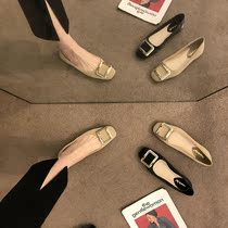 ITSK single shoe female French style retro flat bottom square head square button square button shallow mouth low heel and comfort not tired footed professional women shoes ladyshoe
