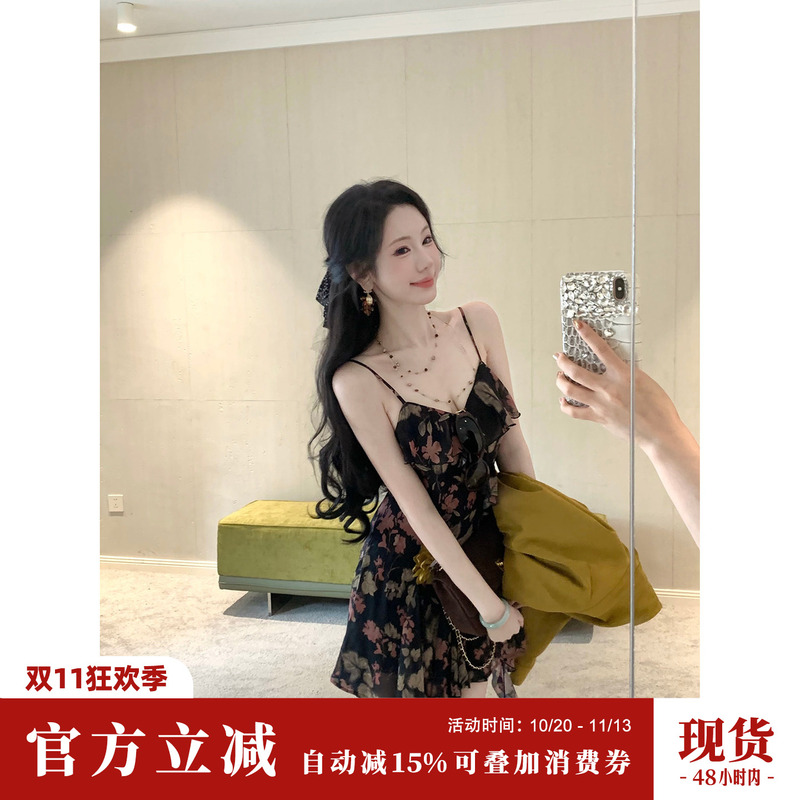 Yaqiao【Island Night】Autumn French-Style Versatile Age-Reducing Ruffled Chiffon Floral Spaghetti Strap Short Dress Yaqiao【Island Night】Autumn French-Style Versatile Age-Reducing Ruffled Chiffon Floral Spaghetti Strap Short Dress