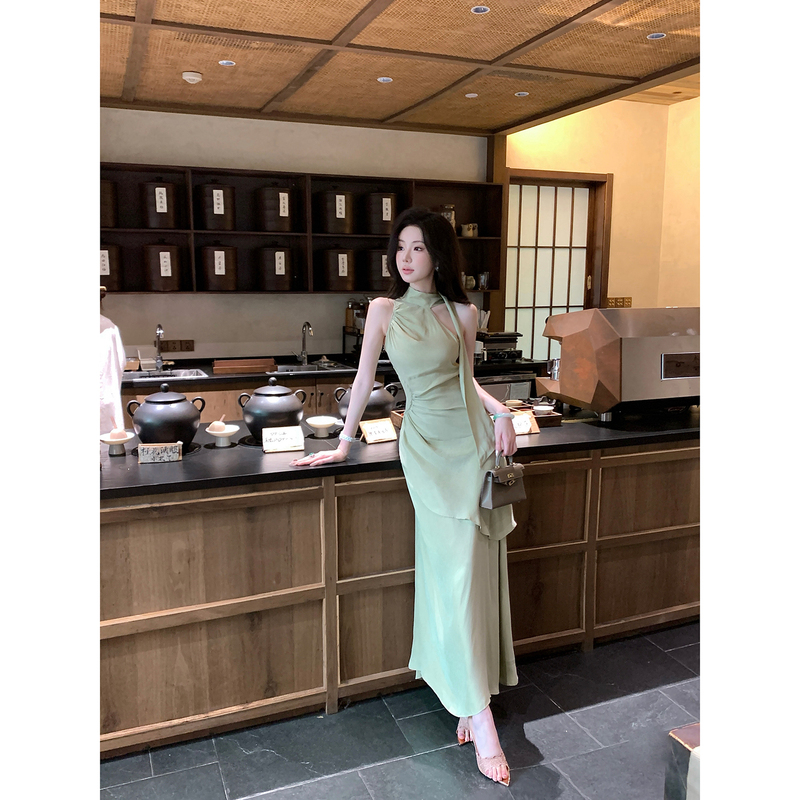 Yaqiao [Yesterday's Blue Sky] Summer Niche Designer Lyocell Waist-Cinching High-Neck Tencel Long Dress