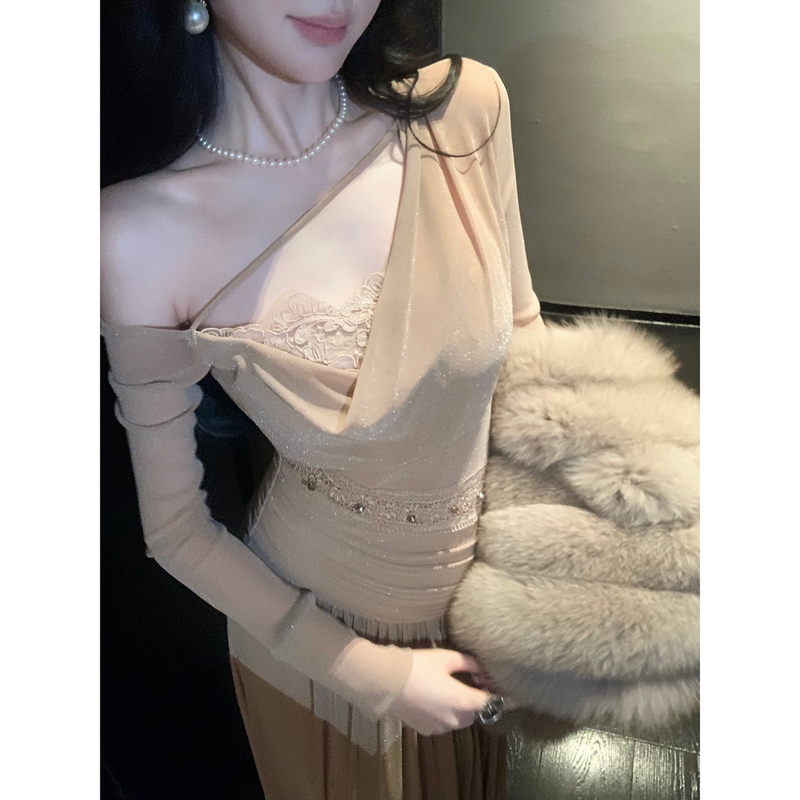 Yaqiao [Champagne Dinner] Autumn and Winter Designer Dry-Fit One-Piece Dress with Asymmetrical Shoulder and Irregular Long Sleeves