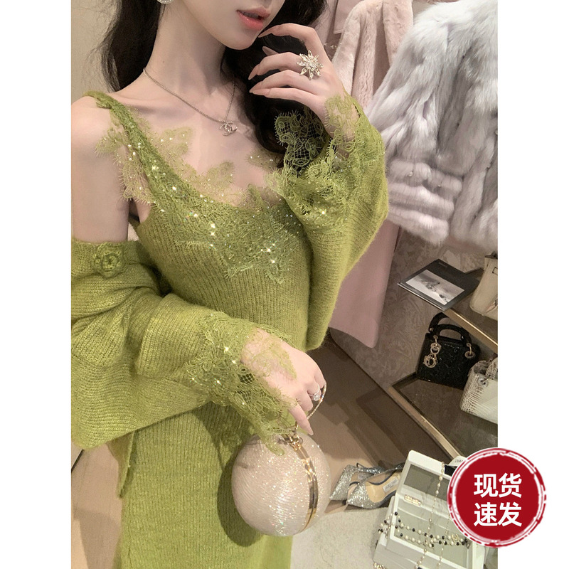 Sun Yaqiao [Autumn in Toronto] Winter Four-Color V-Neck Knit Dress with Wool, Lazy Sweater Two-Piece Set for Women