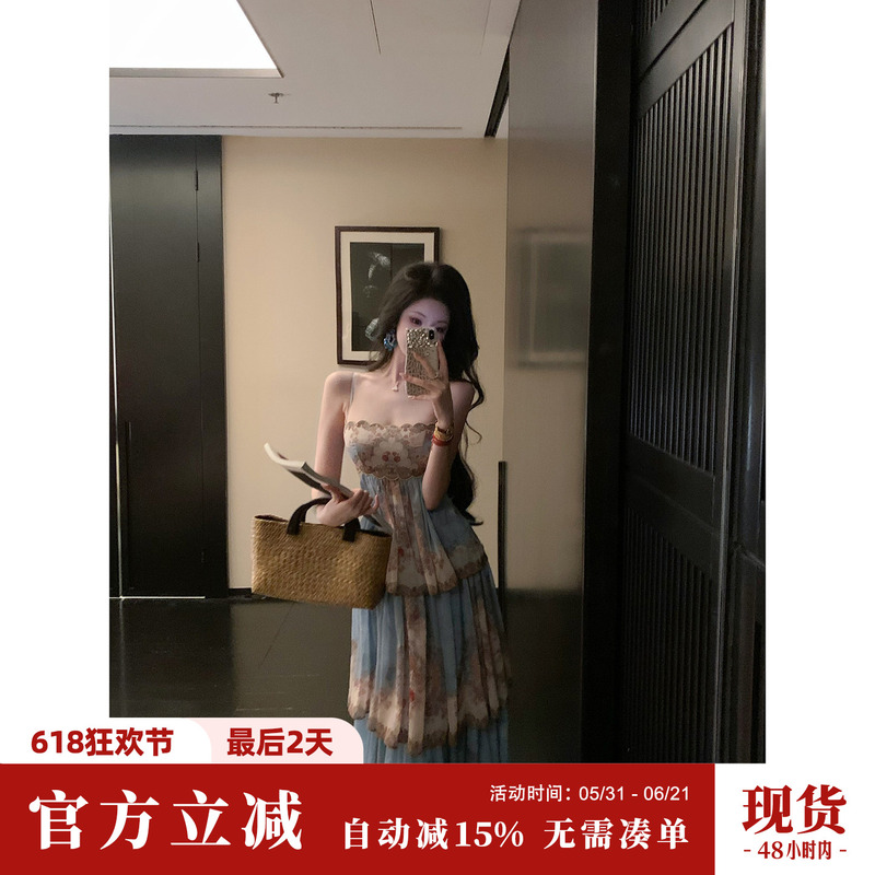 Sun Yaqiao [Gold Coast] Summer Exotic European-Style Vacation Print Flared Tiered Dress with Straps