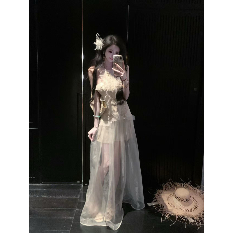Sun Yaqiao [Breeze Style] Summer Sleeveless Vacation Style Ruffled Halter Neck Dress Organza Long Dress