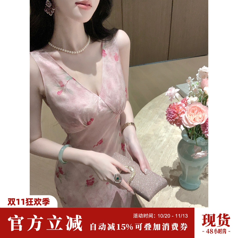 Sun Yaqiao [Feizi Xiao] Haute Couture V-Neck Sleeveless Gold Silk 21mm Red Cloud Silk Mulberry Silk Dress