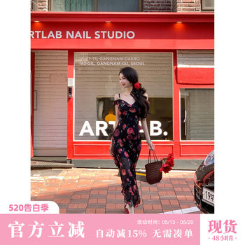 Sun yaqiao twilight rose summer ສາວຮ້ອນ floral suspender designer rose print dress
