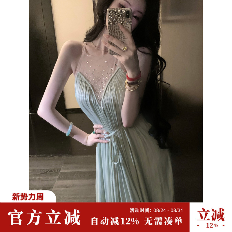 Sun Yaqiao【Tears of a Lover】Summer Dress with a Watery Luster, A-Line Skirt with Rhinestone Mesh and Pleated Long Dress Sun Yaqiao【Tears of a Lover】Summer Dress with a Watery Luster, A-Line Skirt with Rhinestone Mesh and Pleated Long Dress