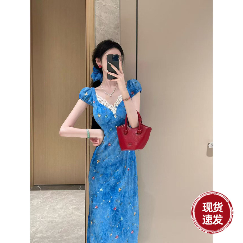 Yaqiao [Capri Blues] Summer Chiffon Slim Fit Embroidered Short Sleeve Ruffle Strap Two-Way Dress Long Dress
