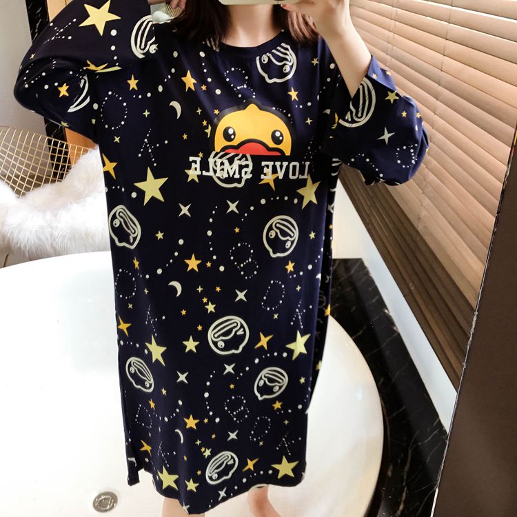 Phiên bản tiếng Hàn của váy ngủ dài tay cho bé gái có thể mặc đồ ngủ vịt con dễ thương sao sinh viên cotton mùa thu váy ngủ đầm nữ đẹp