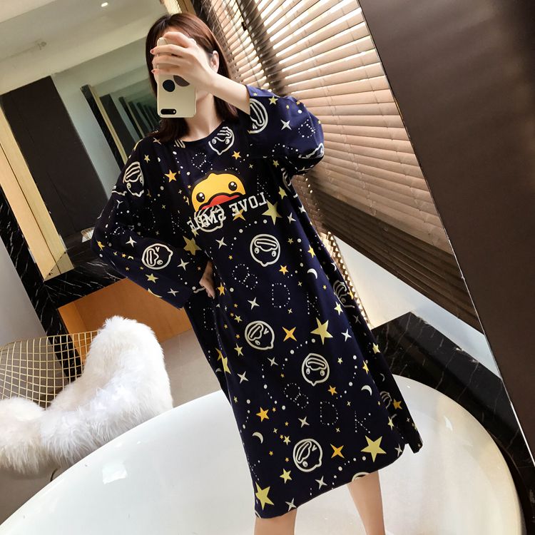 Phiên bản tiếng Hàn của váy ngủ dài tay cho bé gái có thể mặc đồ ngủ vịt con dễ thương sao sinh viên cotton mùa thu váy ngủ đầm nữ đẹp
