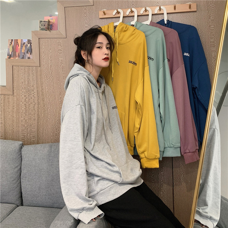 Versatile long sleeve solid color sweater women 2020 chic new autumn loose ins hooded student top fashion