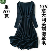 Wool One-piece Dress Foreign Trade Beautiful Nothin Wool Knit Dress Woman Cashews waist A character for a thin spring and autumn dress