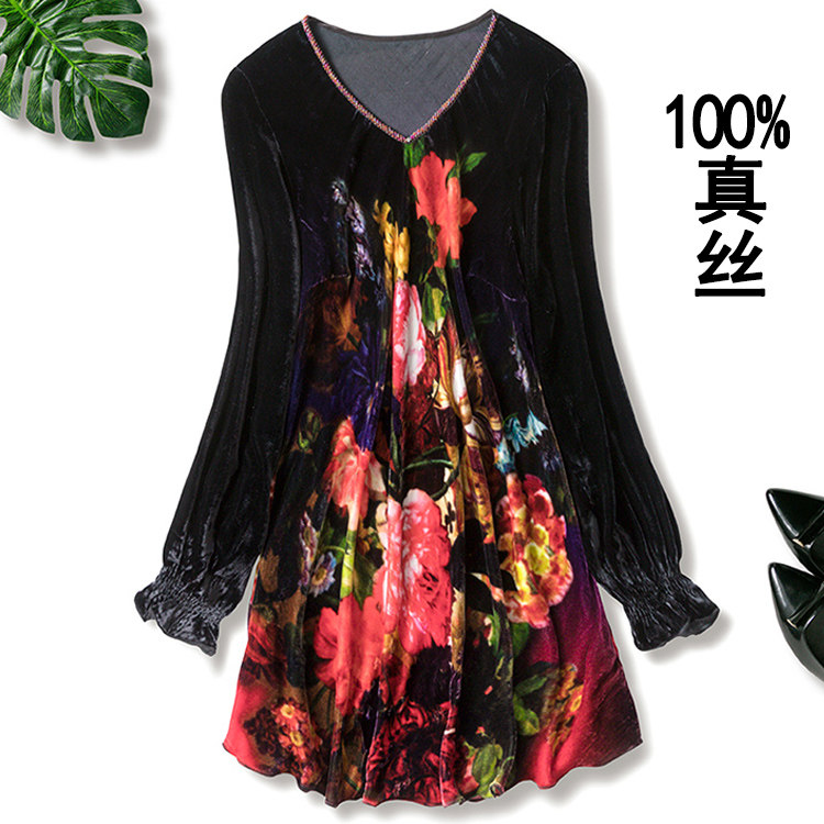 100%silk velvet V-neck shirt Women's large size European and American printing spring and Autumn retro base mulberry silk shirt loose