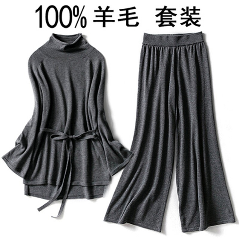 ~ Sheep Sweater Suit Woman High Collar Foreign Trade Autumn Winter Sheep Sweatshirt Knitted Sweater Sweatpants Two Pieces of Fashion Temperament