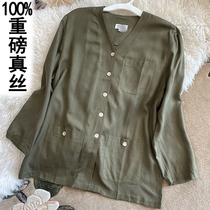 Real silk shirt woman No collar 2022 Early spring suit mulberry silkworm silk retro dark tattoo v collar shirt womens style extremely brief