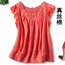 Shirt Woman Summer Outlet Loose Retro Genuine Silk Round Collar Hollowed-out Embroidered Silk Cotton Lining Woman Blouse Short Sleeve Flying Sleeves